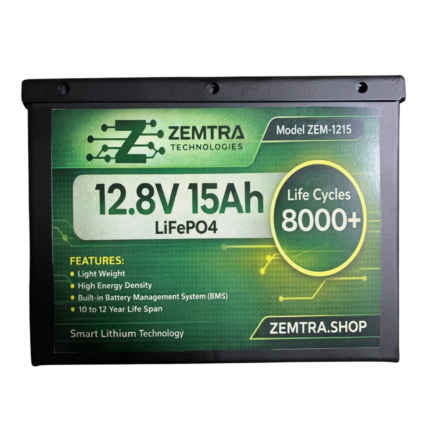 ZEMTRA ZEM-1215 12.8V 15Ah LiFePO4 Lithium Battery – 8000+ Cycles | Smart BMS Technology