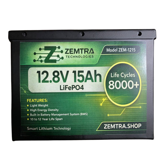 ZEMTRA ZEM-1215 12.8V 15Ah LiFePO4 Lithium Battery – 8000+ Cycles | Smart BMS Technology